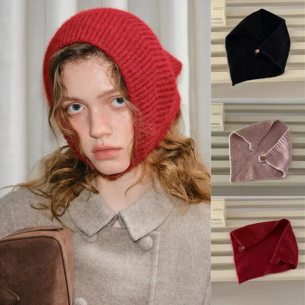

Korean Button Knitted Triangle Scarf Headband Autumn Winter Ear Protector Knit Beanies Cap Warm Hooded Hat Neck Collar Scarf