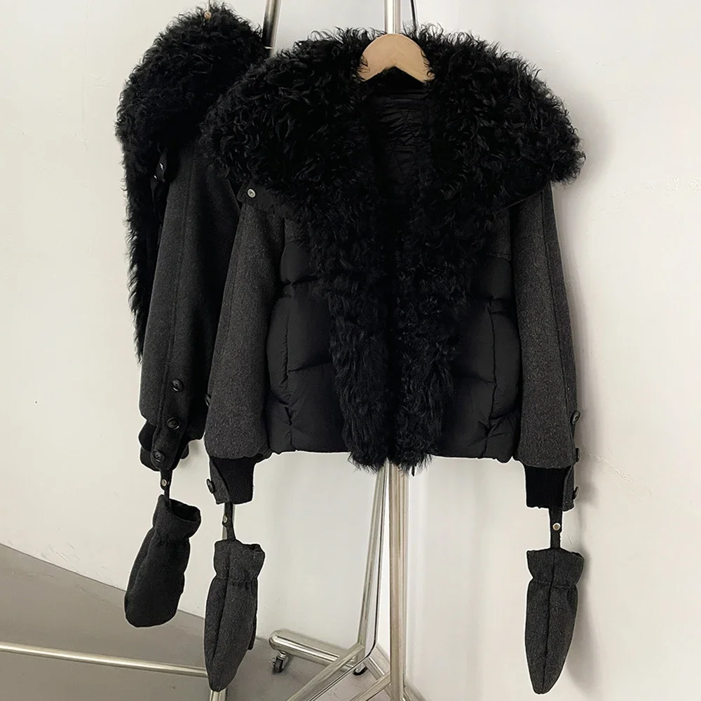 OFTBUY Luxuriöse Abnehmbare Handschuhe Natürlicher Pelz Entendaunen-Mantel Großer Echter Lammwoll-Pelzkragen Daunenjacke Damen Neue Winterkleidung – Detail 11