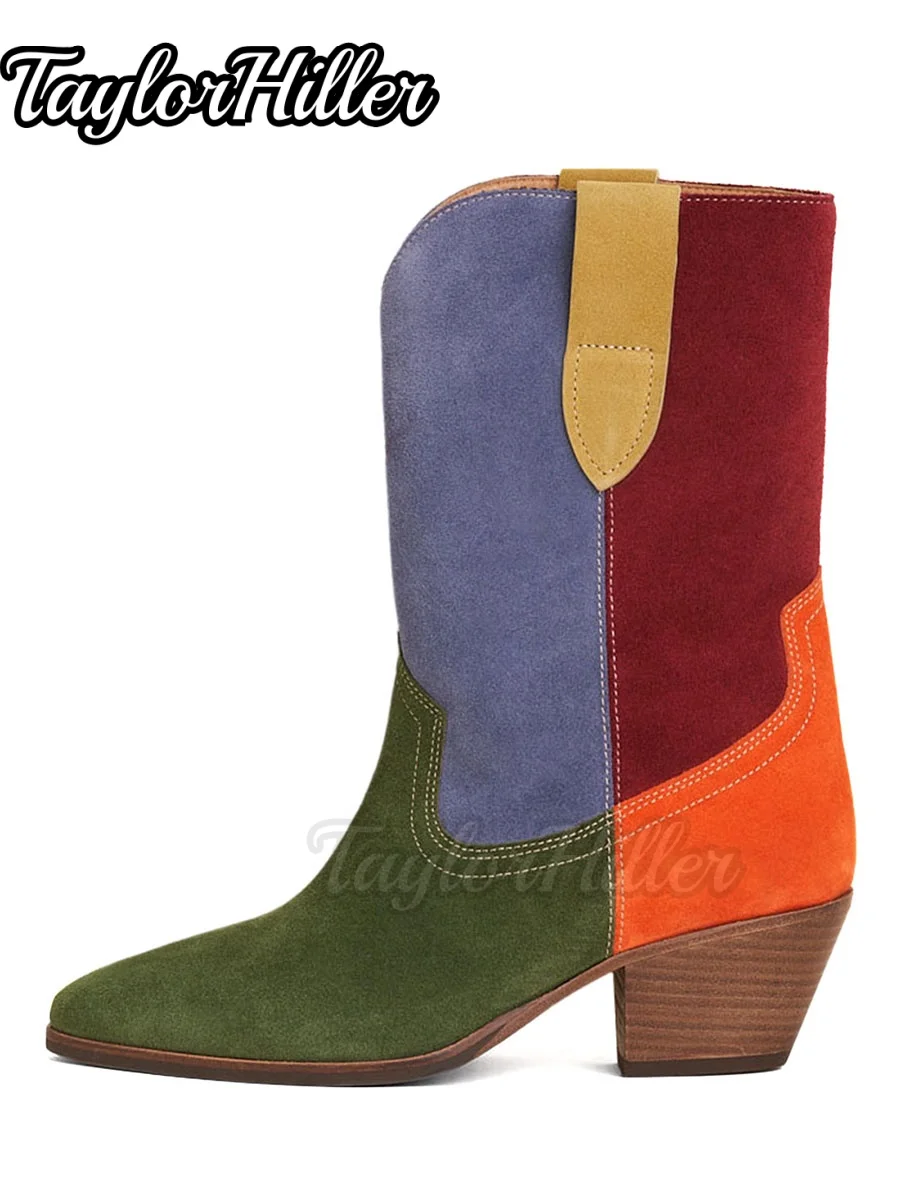 Women Color Block Boots Western Cowboy Multicolor Suede Pointed Toe Booties Block Heel Mid Calf Botas Retro Cowgirl Shoes 2026