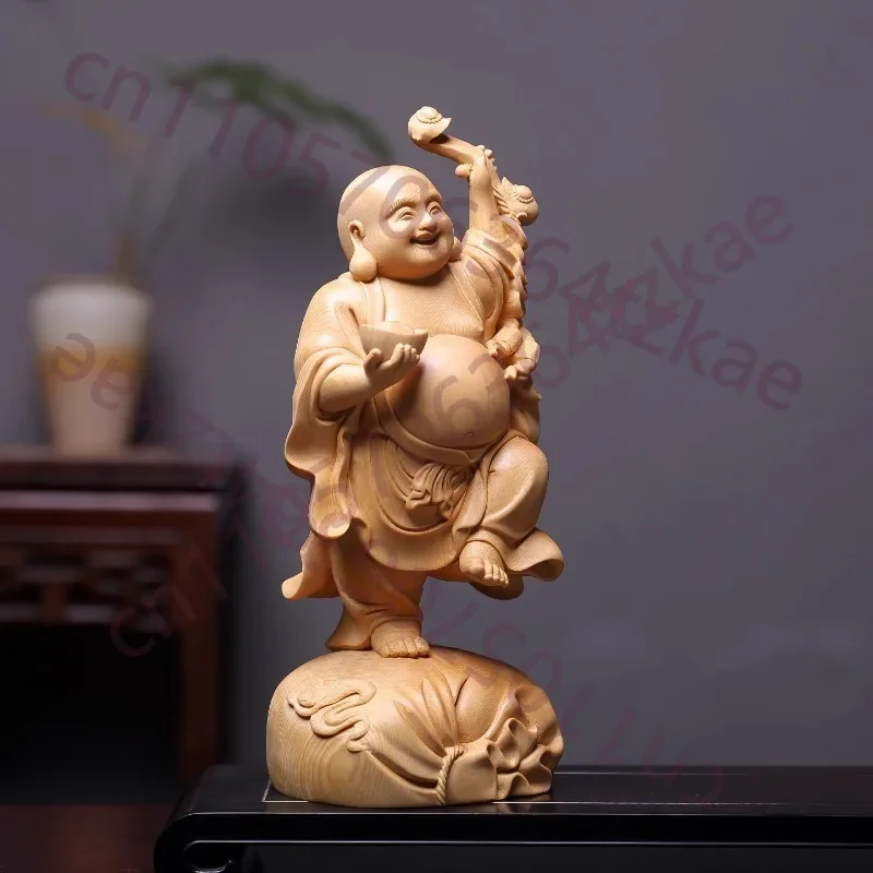 Cypress Wood Laughing Buddha Statue, Maitreya Buddha Figurine for Home Altar Decor, Hand-Carved Arts & Crafts Gift