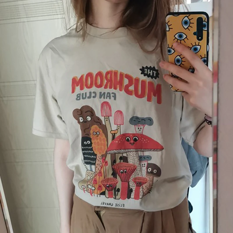 キノコかわいい女性のtシャツ夏のヴィンテージ80s 90綿半袖かわいいグラフィックおかしいティーストリート服原宿