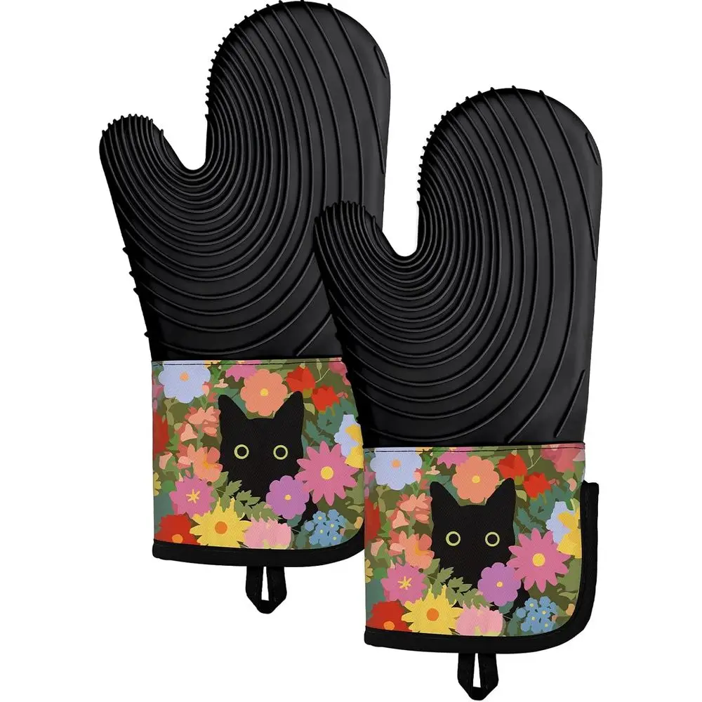 Black Cat Design 2-Pack Cotton Oven Gloves with Silicone Coating, Non-Slip and Waterproof, Ideal for Cooking