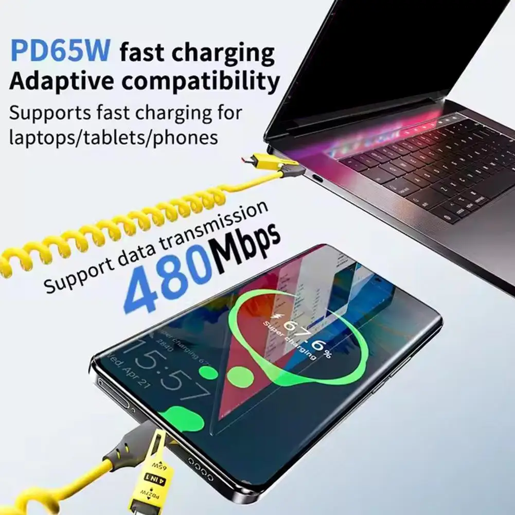 4-in-1 65W Spring Telescopic USB-C Cable, 6A for iPhone 15 & 16, Compatible with USB Type-C