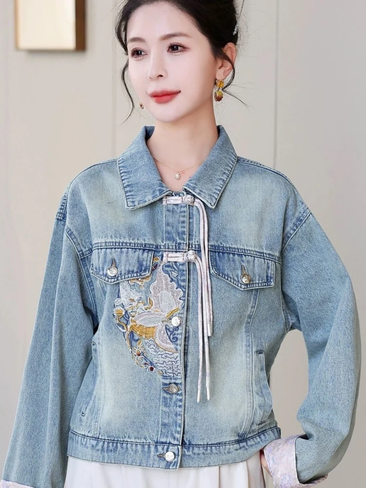 New Chinese Style Embroidered Denim Jacket Women's Short Design Spring 2026 Fashionable Small Size Floral Print Coat