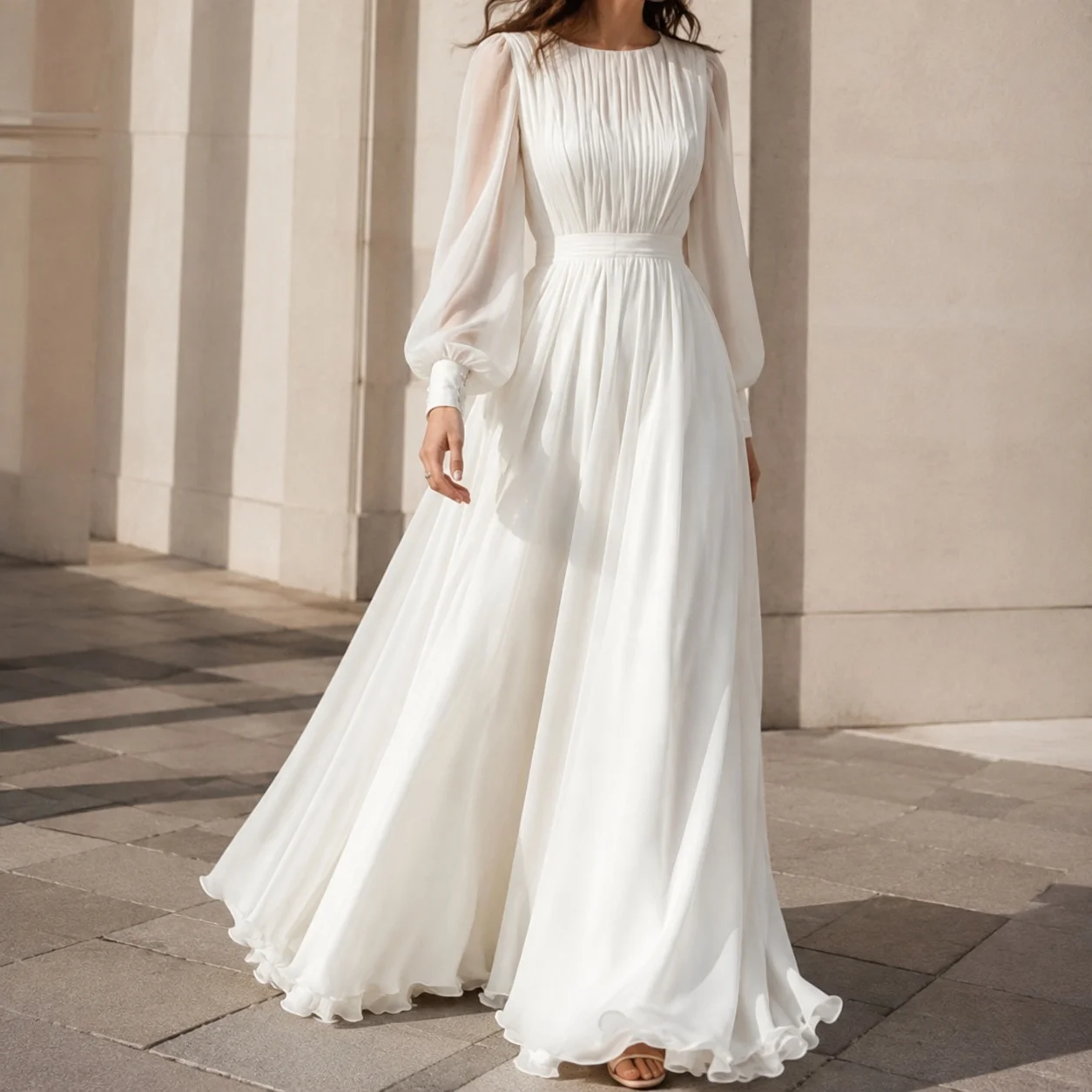 Round Neck Long Sleeve Gown Fitted Commuter with Princess Sleeve Elegant U Neck Zipper Closure Slim Fit Dress Summer for Women