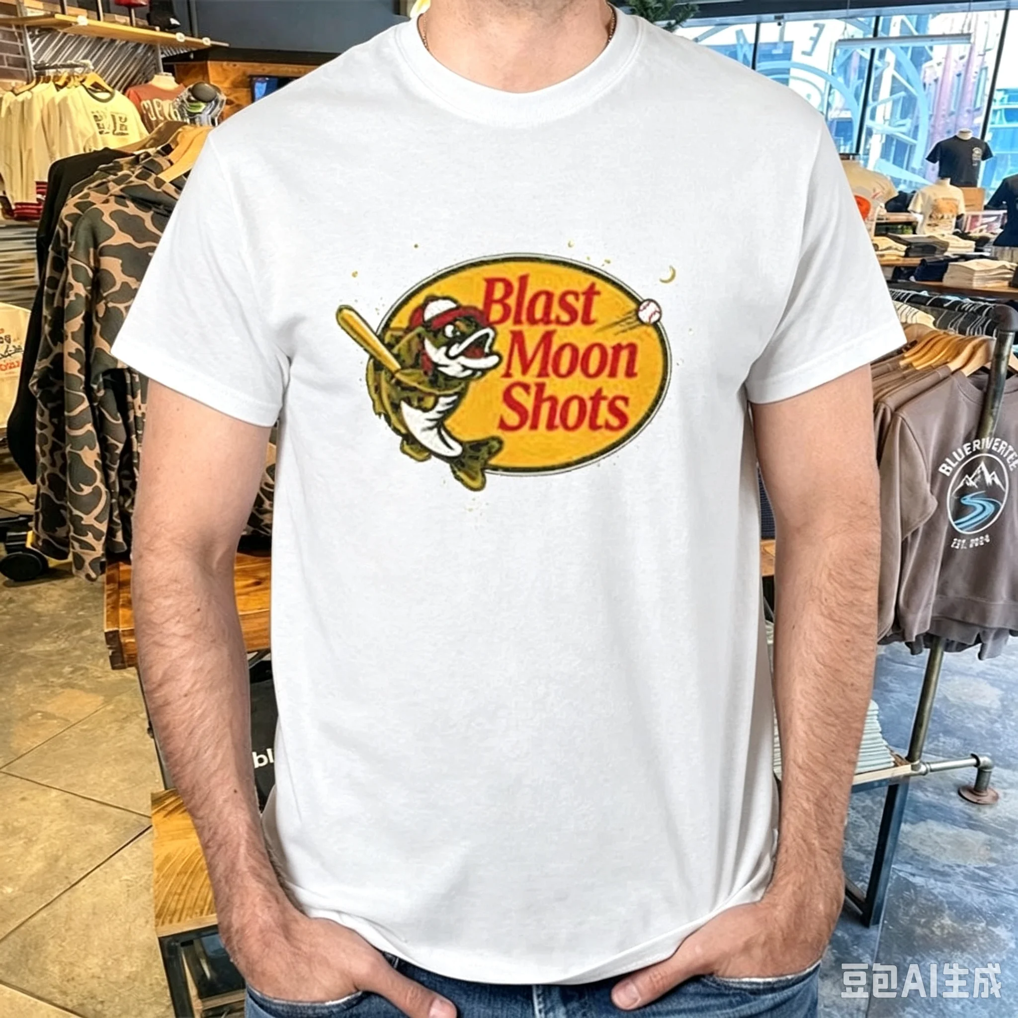 2026 Blast Moon Shots Fun Bass Fish Baseball Pattern T-shirt Men's Retro Cotton Casual Street Fishing