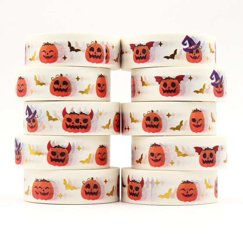 

10PCS/lot 15MM*10M Gold Foil Halloween Pumpkin Ghost Bat Washi Tape Wide Adhesive Tape Scrapbooking Album DIY Decorative Tape