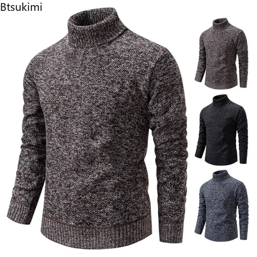 

New 2025 Men's Winter Warm Thicker Sweaters Turtleneck Knitted Sweaters Pullovers Male Slim Solid Knit Bottoming for Men Tops