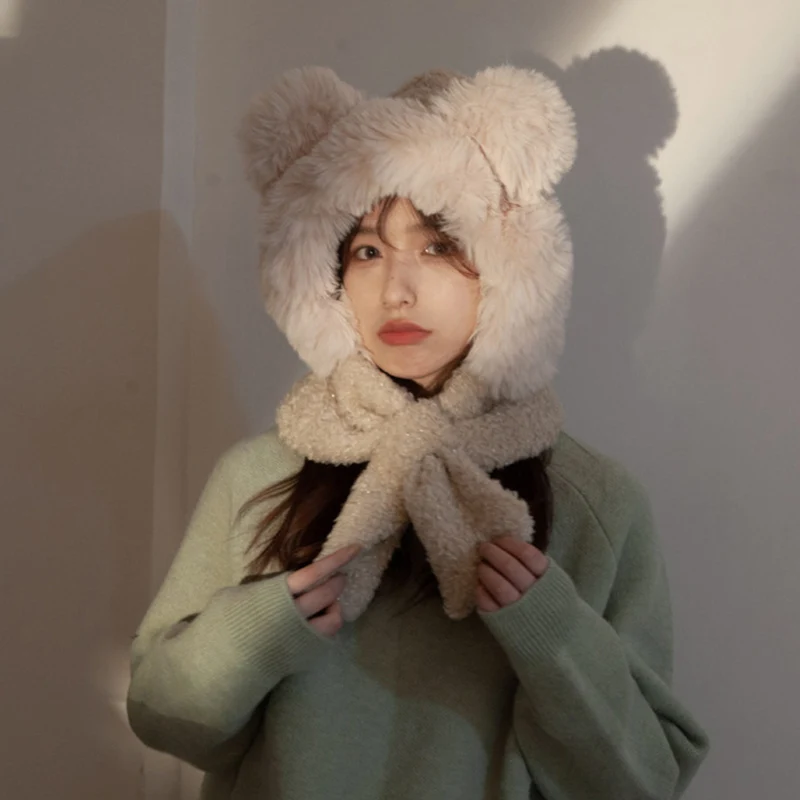 Women Thickened Bear Ear Scarf Hat Sets Winter Warm Kawaii Plush Ear Protection Scarf All-in-one Hooded Ear Protection Cap