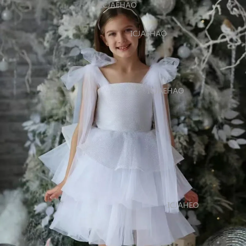 Kids White Square Neck Sparkly Gown Tulle Lace Cake DressBirthday Party Evening Gown Costume Children Flower Girl Performance