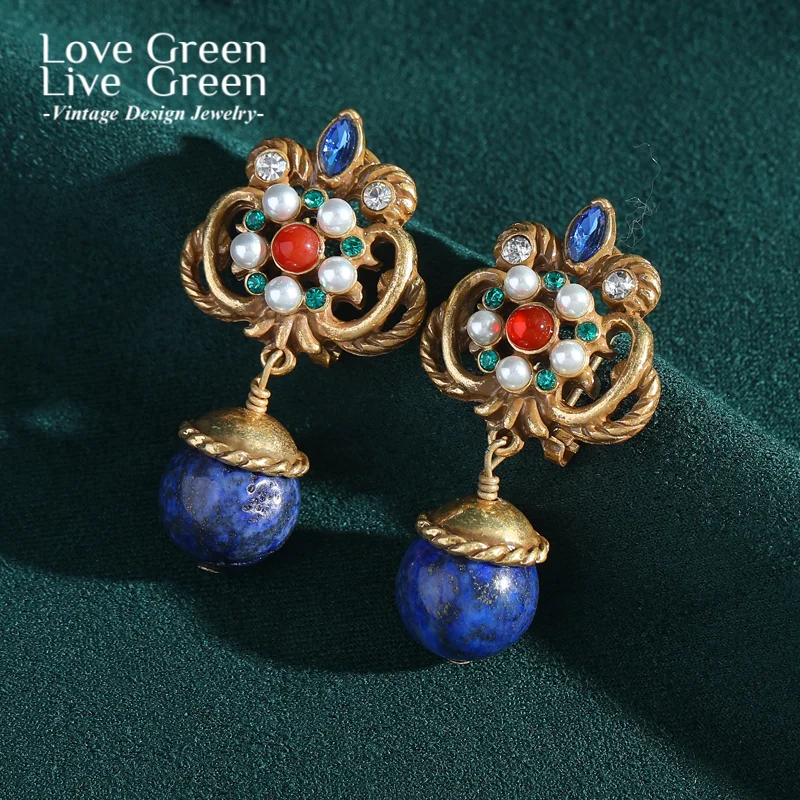 

Vintage Lapis Lazuli Blue Earrings Woman Drop Flower Antique Gold Color Luxury Quality Jewelry Retro Accessories Wedding Party
