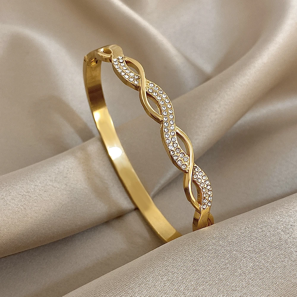 

Exquisite Zircon Stainless Steel Bangle Bracelet for Women Trendy Hollow Out Cross Open Spring Bangle Waterproof Jewelry