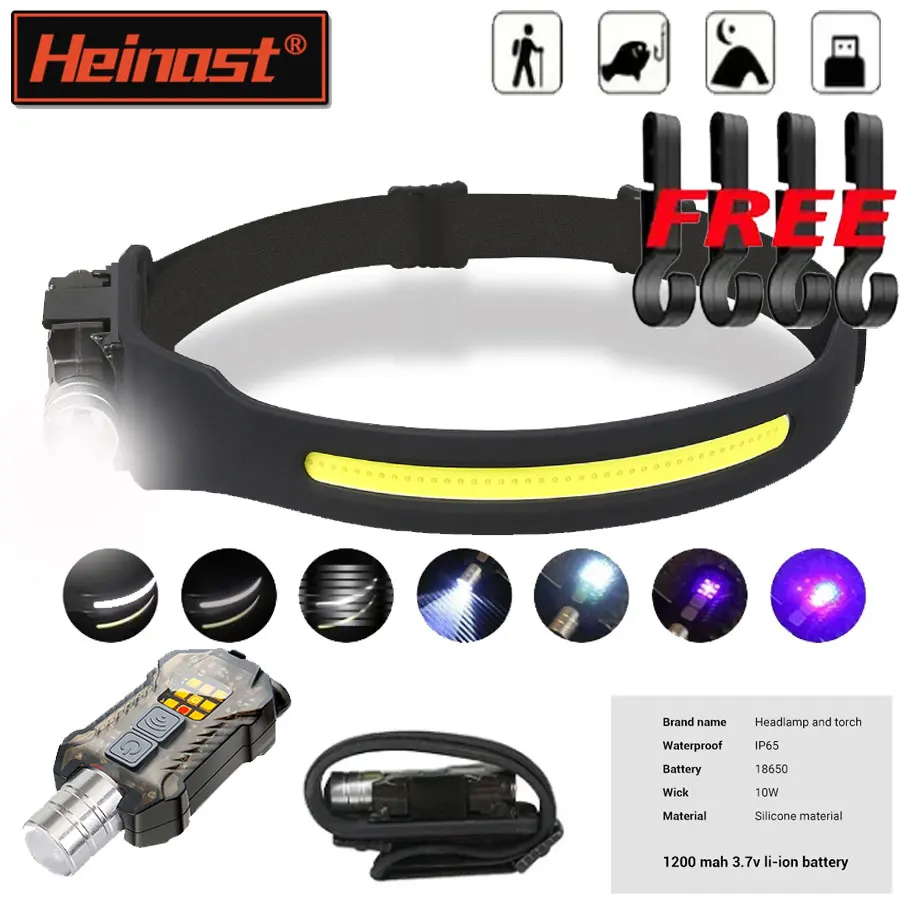 

Портативный светодиодный ручной фонарик XPE + COB с датчиком, перезаряжаемая фара для кемпинга, поисковый светильник для рыбалки, 9 режимов освещения