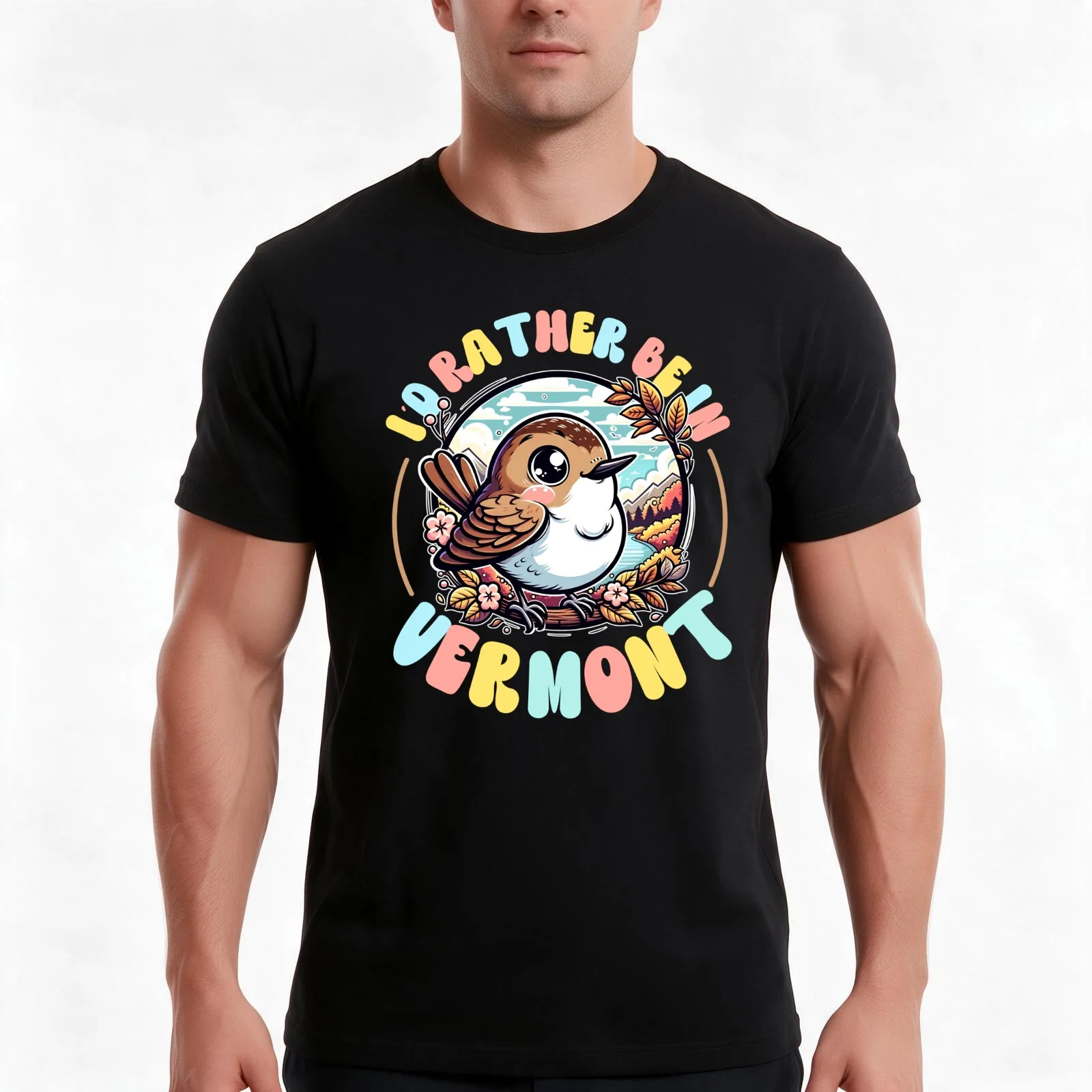 i'd rather be in Vermont - cute Vermont state bird Hermit Thrush T-Shirt, Summer Casual Cotton Tee, Oversized Streetwear Tops