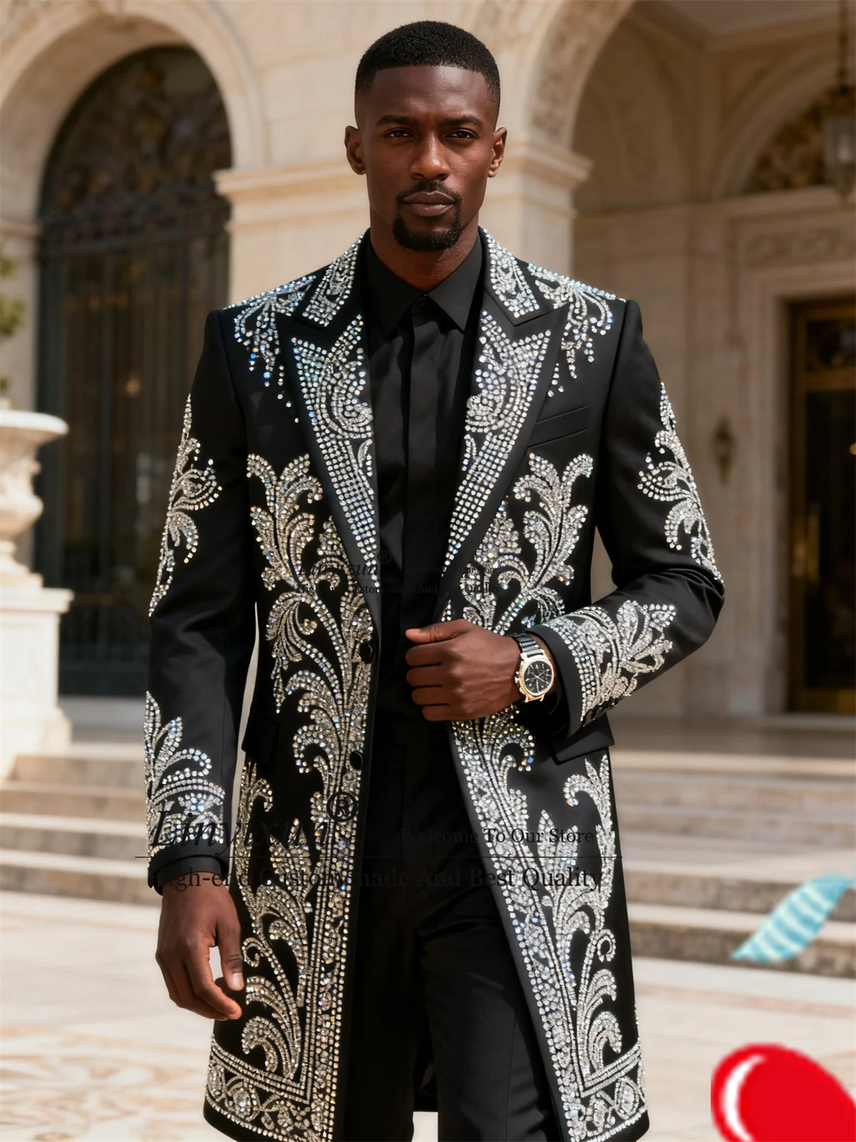 

Длинное пальто, брюки, мужские костюмы, индивидуальные комплекты из 2 предметов, мужские пиджаки для жениха, блестящие стразы, Ropa hombre, облегающие свадебные смокинги