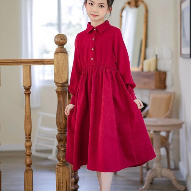 2026 Autumn Winter Girls Red Dress Shirt Collar Waist Long Dress Kids Clothing
