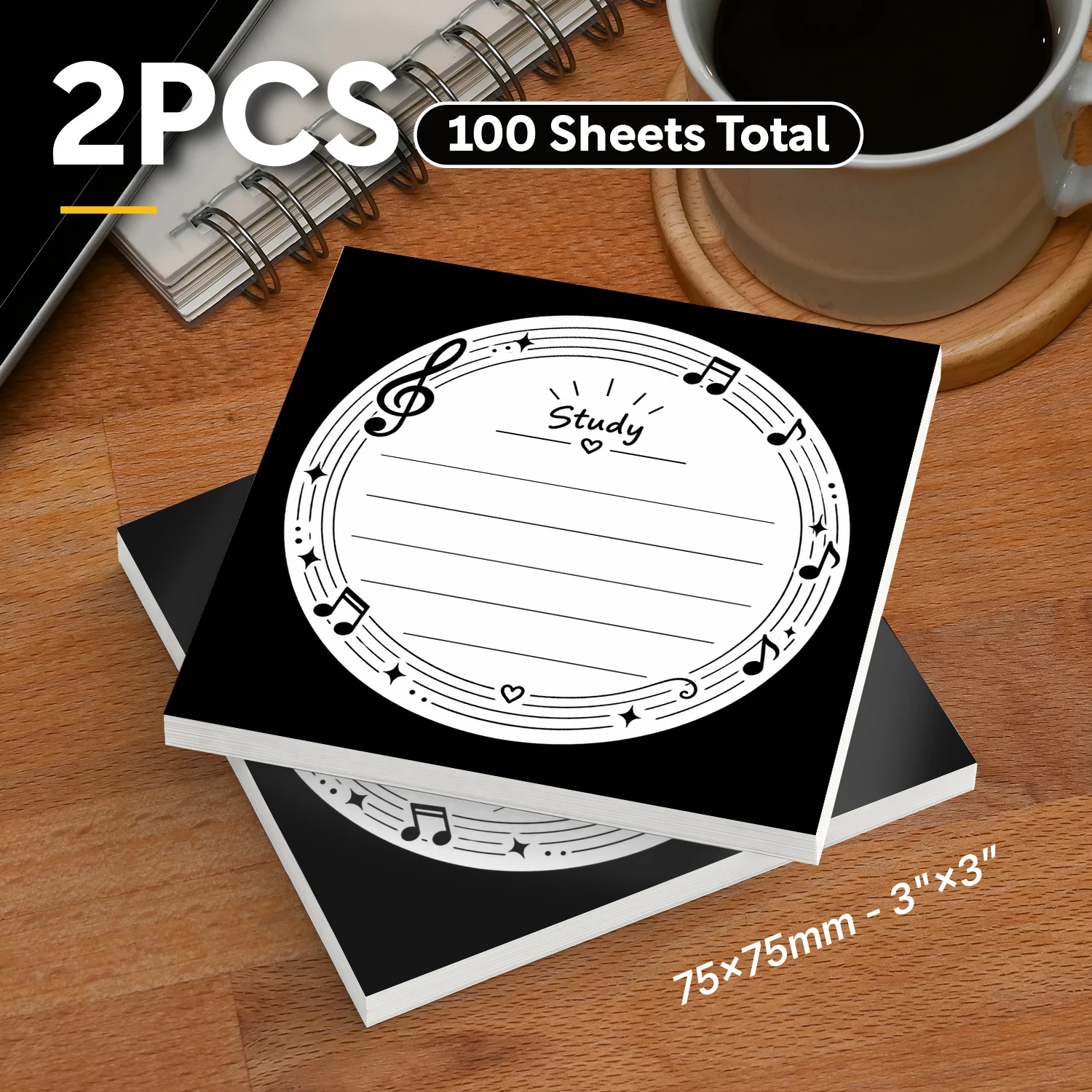 2PCS Music Study Sticky Notes 100 Sheets Musical Notes Memo Pads Writing Notes Students Office School Stationery