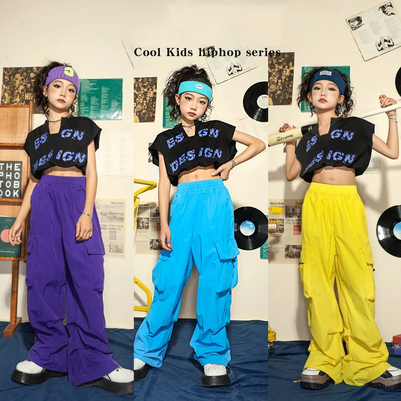 2023 Hip Hop Girls Costume Summer Crop Tops Loose Cargo Pants Street Dance Jazz Practice Wear Modern Performance Clothes BL11225