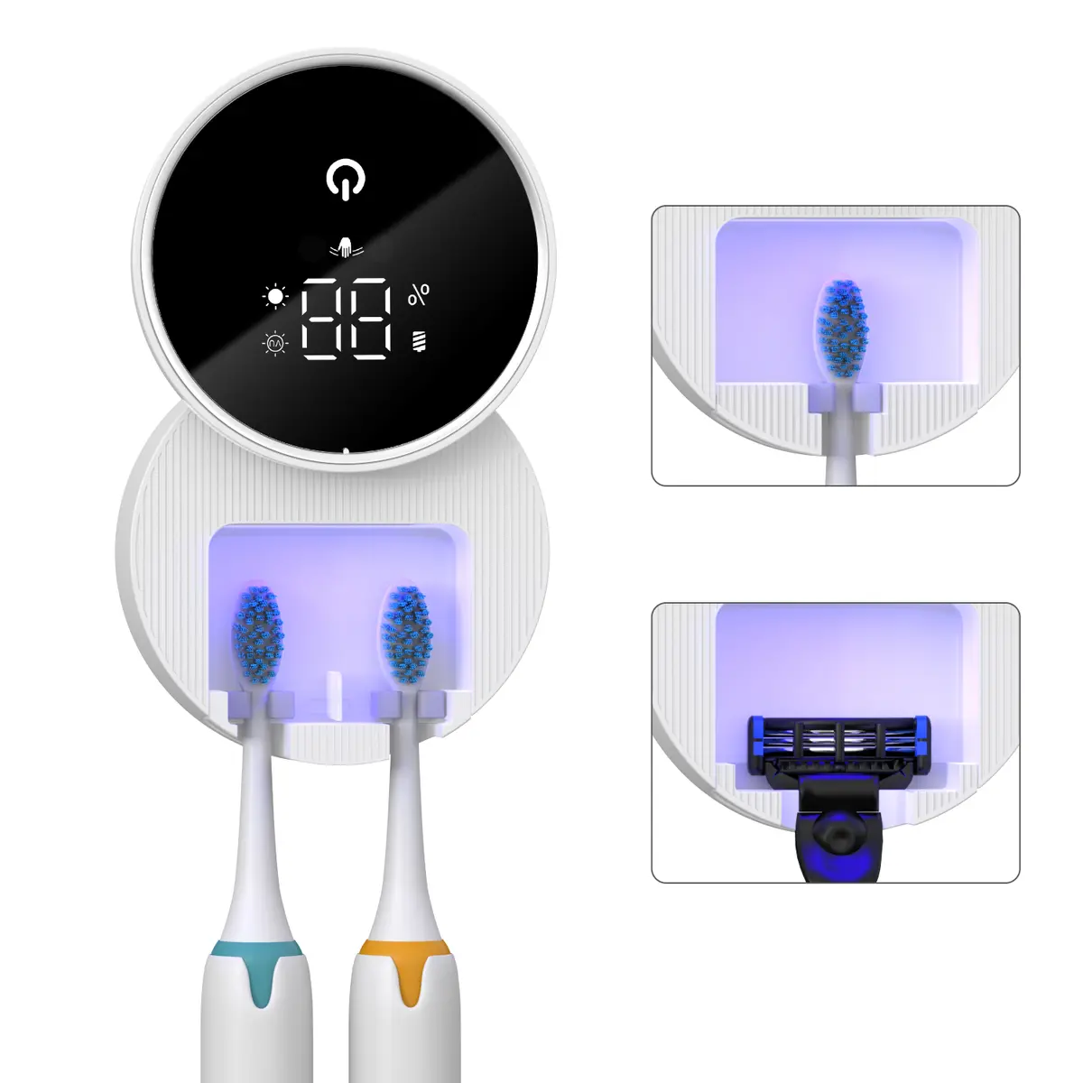 UV 칫솔 살균기 LED 스마트 스크린 벽걸이 면도기 홀더 스마트 센서 & 60도 건조 기능 가정 및 여행용