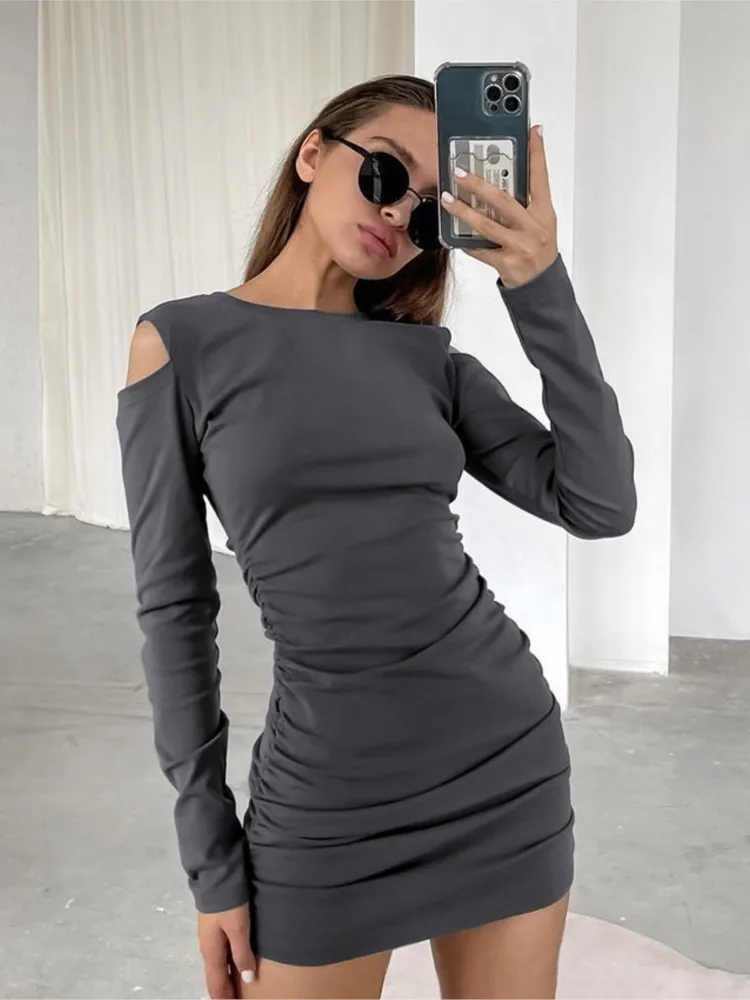 Trend Solid Color Slim Mini Dresses Women Sexy Off Shoulder Long Sleeve Folds Package Hip Short Dress Female Streetwear Vestidos