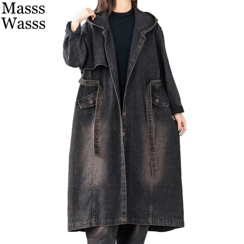 

Masss Wasss 2024 Autumn Womens British Fashion Denim Hooded Trench Loose Vintage Coats Luxury Leisure Classic Long Windbreakers