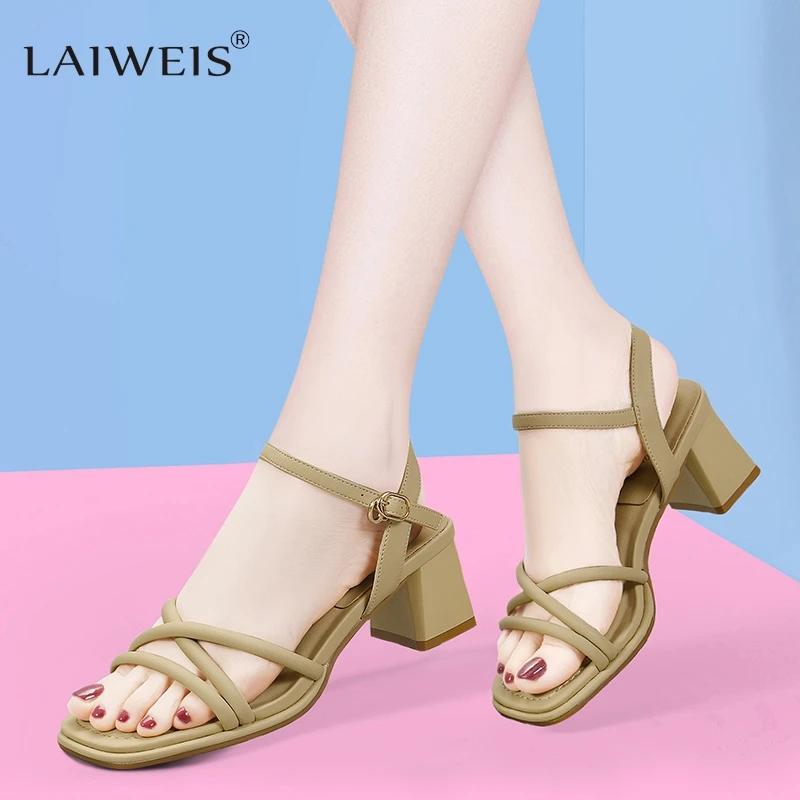 Women's Sandals Summer New Square Heel High Shoes Fashion Roman Sandals Black and White Open Toed Woman Slippers Ladies Shoes