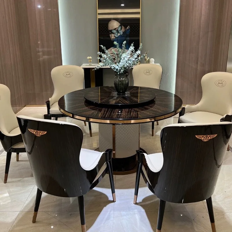 Leather dining table and chair combination modern Italian high-end villa round table restaurant size apartment furniture