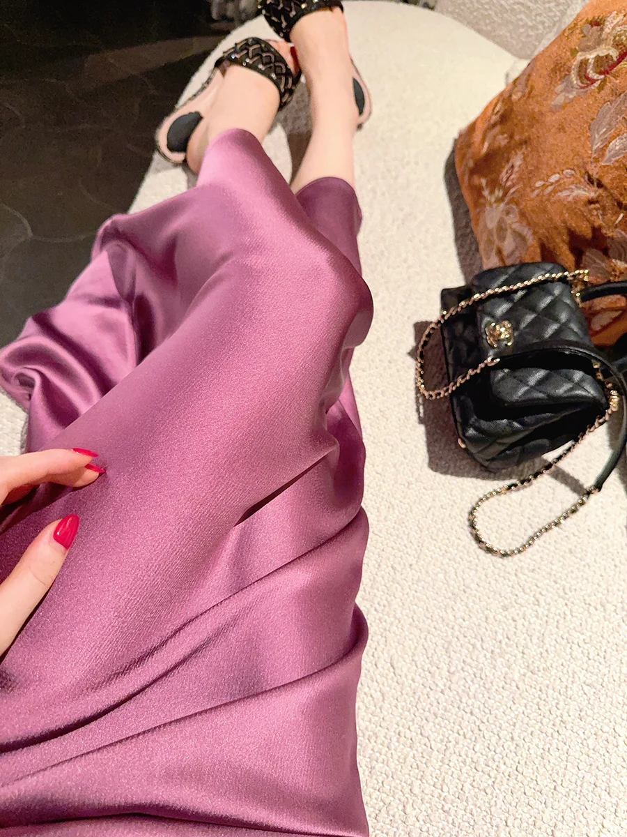 

Ele Acetate Fi Tail f Skirt Ultra Long Asymmetrical Design Summer New Arrival in Two Colors High Waist Pure Color