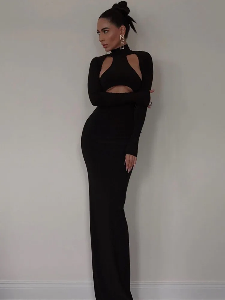 Winter 2023 Sexy Cut Out Schwarz Rollkragen Bodycon Maxi Lange Frauen Promi Mode Abend Party Club Kleid Vestido