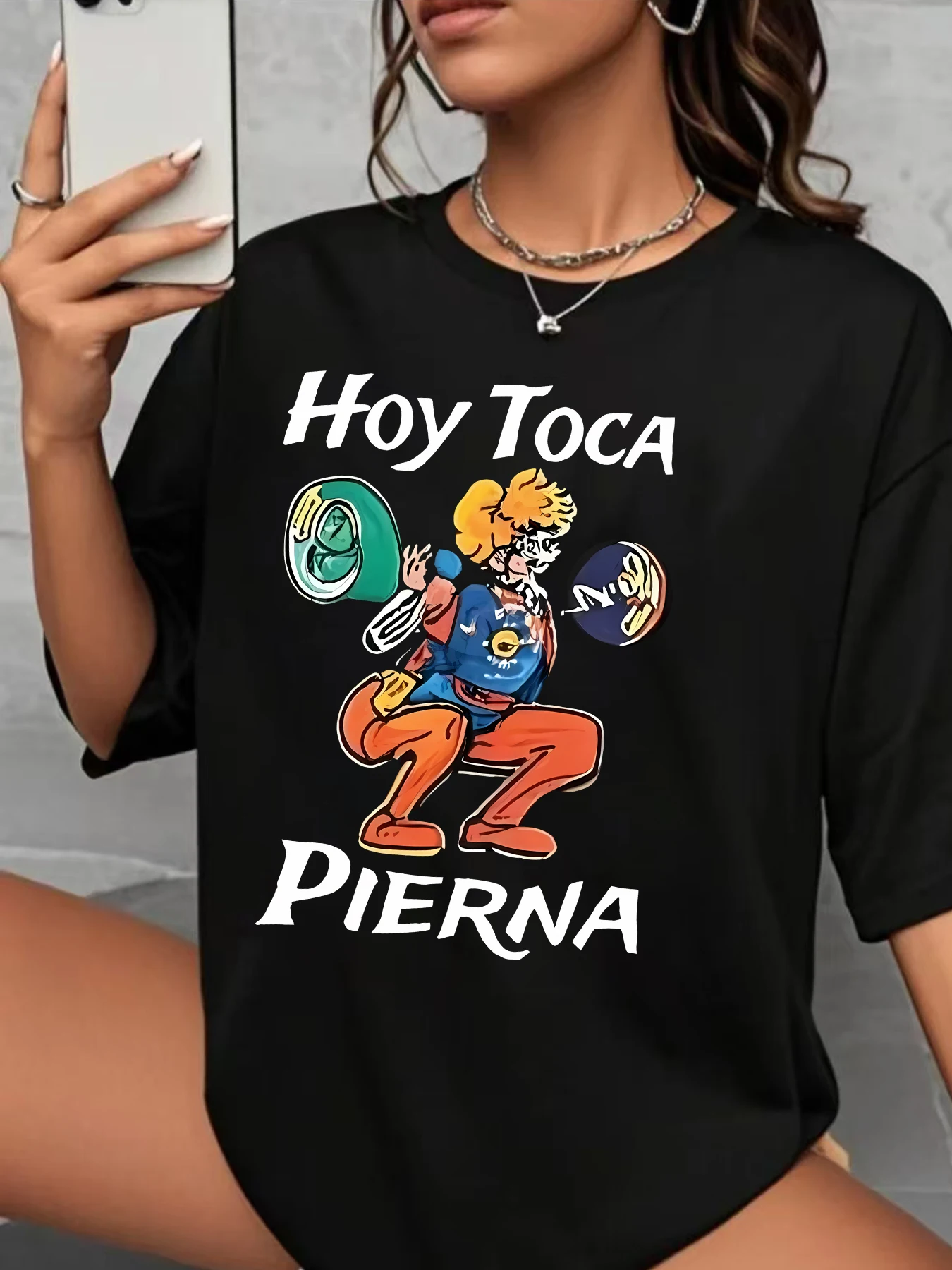 

Dumbbell squat Plus size women's round neck short sleeve T-shirt with elastic half sleeves and trendy prints