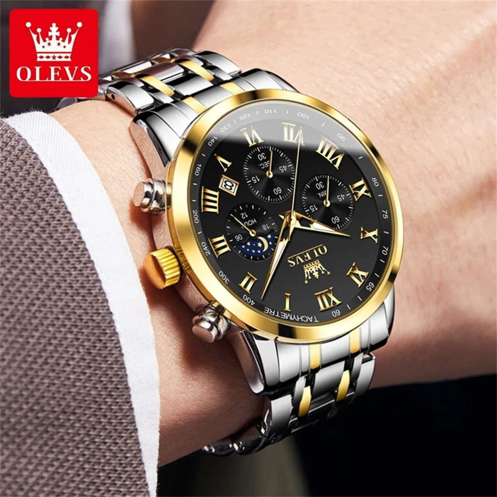 OLEVS Luxury Brand Men\'s Watches Original Waterproof Quartz Watch Moon Phase Chronometer Calendar Male Wristwatch luminous