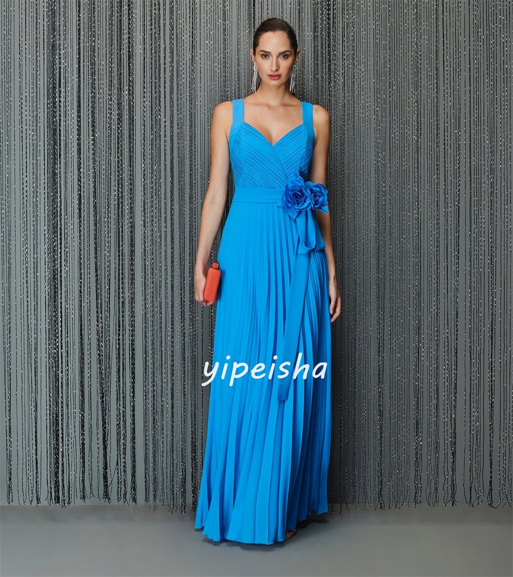 Jersey Flower Ruched Wedding Party A-line V-neck Bespoke Occasion Gown Long Dresses