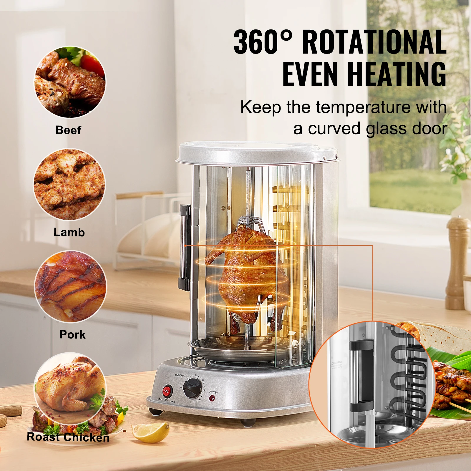 SucceBuy Shawarma Grill Machine Vertical Chicken Shawarma Cooker Machine Electric Stainless Steel Broiler Gyro Rotisserie Oven D