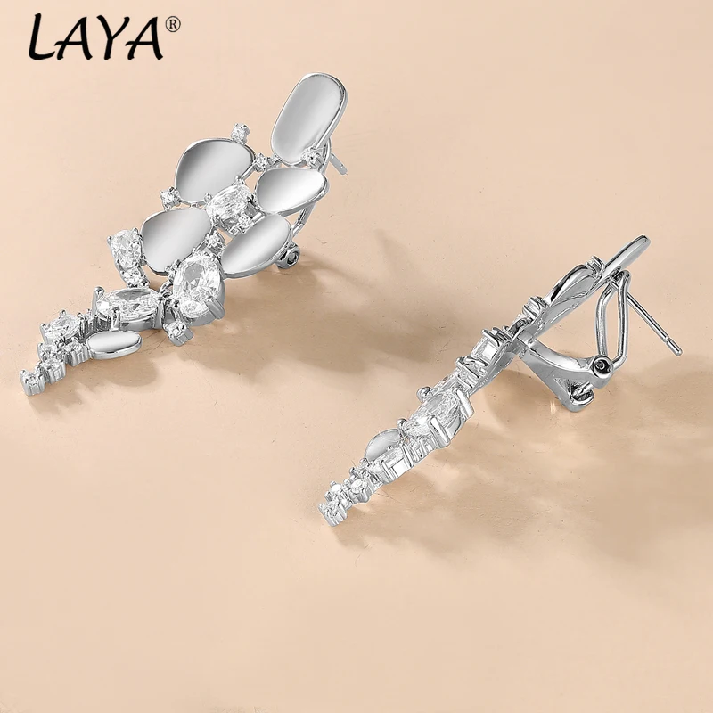 2025 LAYA 스털링 925 실버 빛나는 화이트 지르콘 오메가 클립 롱 드롭 귀걸이 여성용 파티 오리지널 럭셔리 주얼리