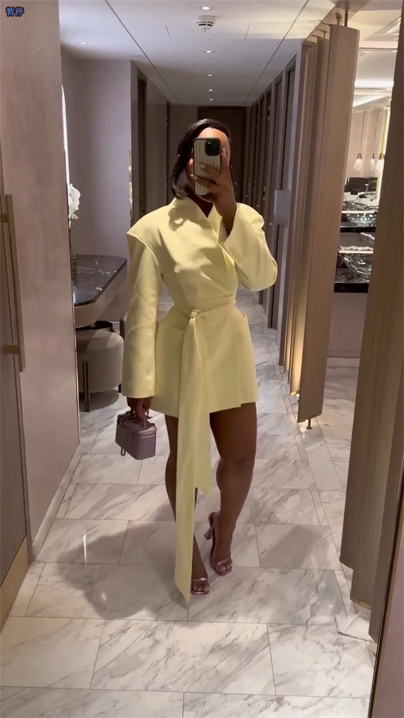 Autumn Yellow Women Suit Skirt 1 Piece Long Blazer Belted Sexy V Neck Jacket Formal Office Lady Wedding Guest Birthday Coat image 4
