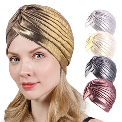 New Women's Metallic Pleated Knot Turban Hat Retro Ethnic Hat Elastic Head Wrap Shiny Beanies Head Scarf Bonnet Chemo Cap