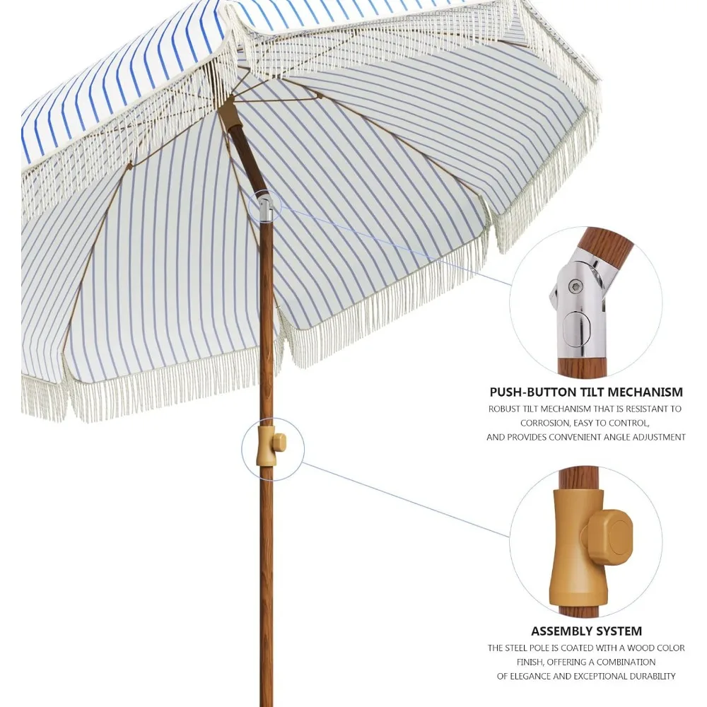 Aoxun-Guarda-chuva do pátio com franja, Guarda-chuva de piquenique ao ar livre, Pólo de aço, Botão, Tilt and Carry Bag, Costelas, Proteção UV 50 +, 7ft