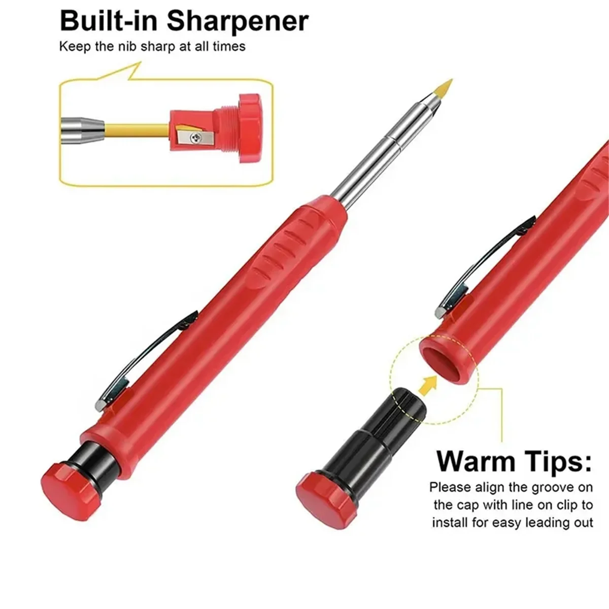 Lápiz mecánico de carpintero sólido con afilador para construcción de carpintería, lápiz de carpintero de cabeza larga, 2,8mm
