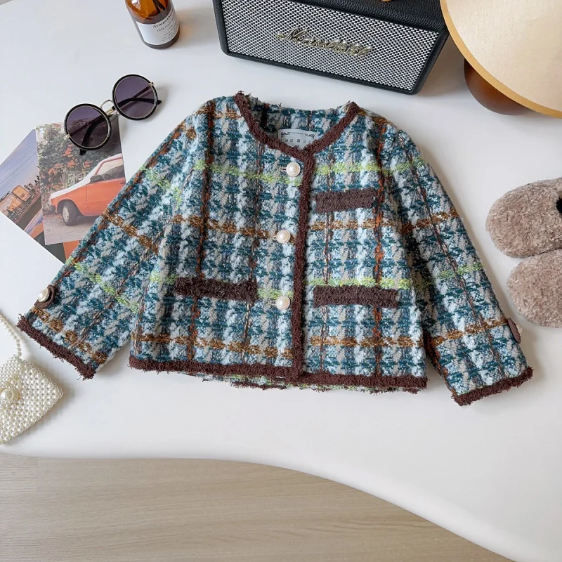 

Girls' Coat Spring and Autumn New Fashionable Plaid Long Sleeve Coat for Baby Girls