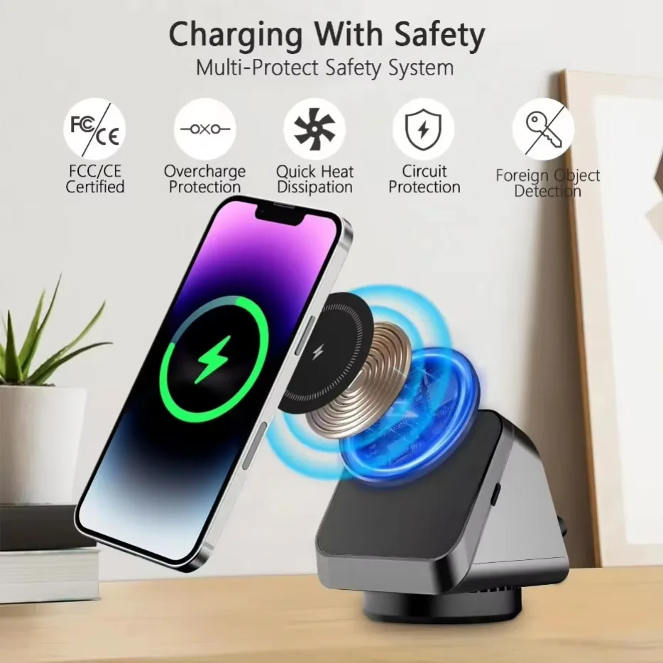 حامل شاحن لاسلكي 3 في 1 يدور 360 درجة، محطة شحن سريعة مغناطيسية لهاتف Magsafe iPhone 16 15 14 Apple Watch 1-10 Airpods