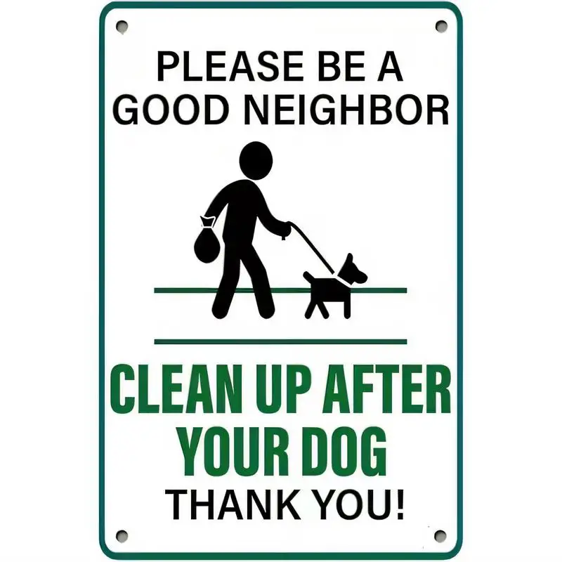 Clean Up After Dog Neighborly Reminder Metal Sign - Minimalist Icon, White - Green Iron Tin Sign for Community/Pet Owners, Yard
