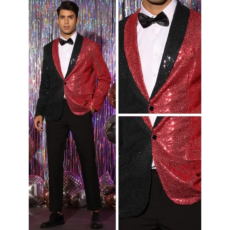 Sparkling Men's Suits Jacket Shiny Sequin Stage Performance Coat 2 Pcs Blazers Pants Shawl One Button Bridegroom Wear Customized