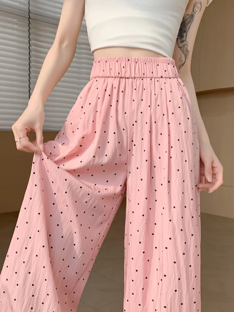 2025 Polka Dot Baumwolle Leinen Breite Bein Hosen frauen Sommer Dünne Elastische Taille Lose Beiläufige Gerade Neun Punkte Hosen wh10