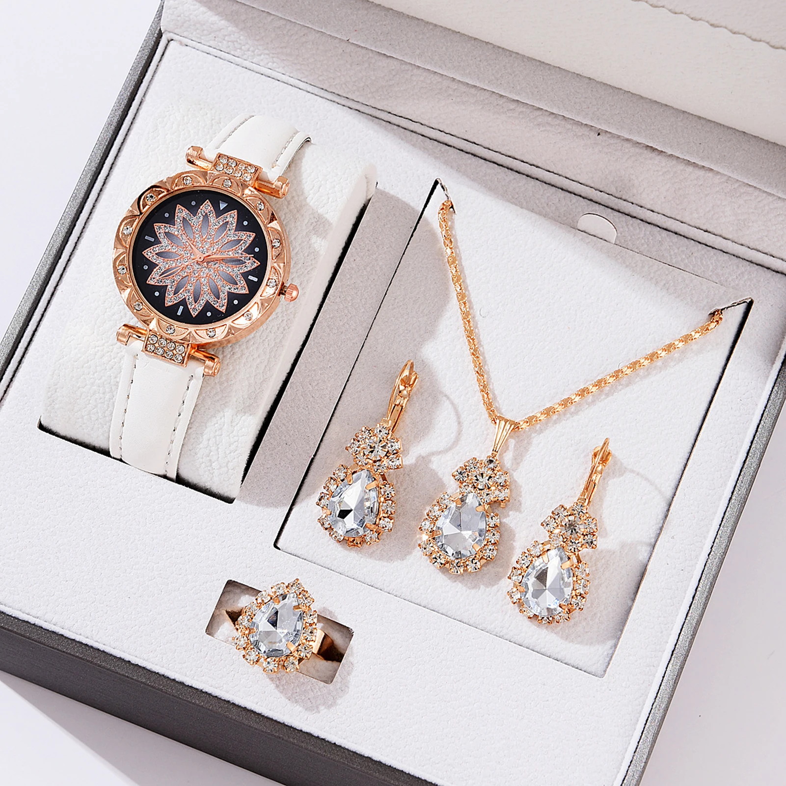 Women's Quartz Watch Set Crystal Diamond Earring Pendant Necklace with Watch for Valentine's Day Christmas Gift