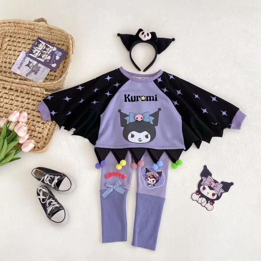 Sweat-shirt à manches longues dessin animé Kawaii Sanrioed Kuromi pour enfants, aile de fille, leggings mignons, vêtements de printemps et d'automne, mode pour filles