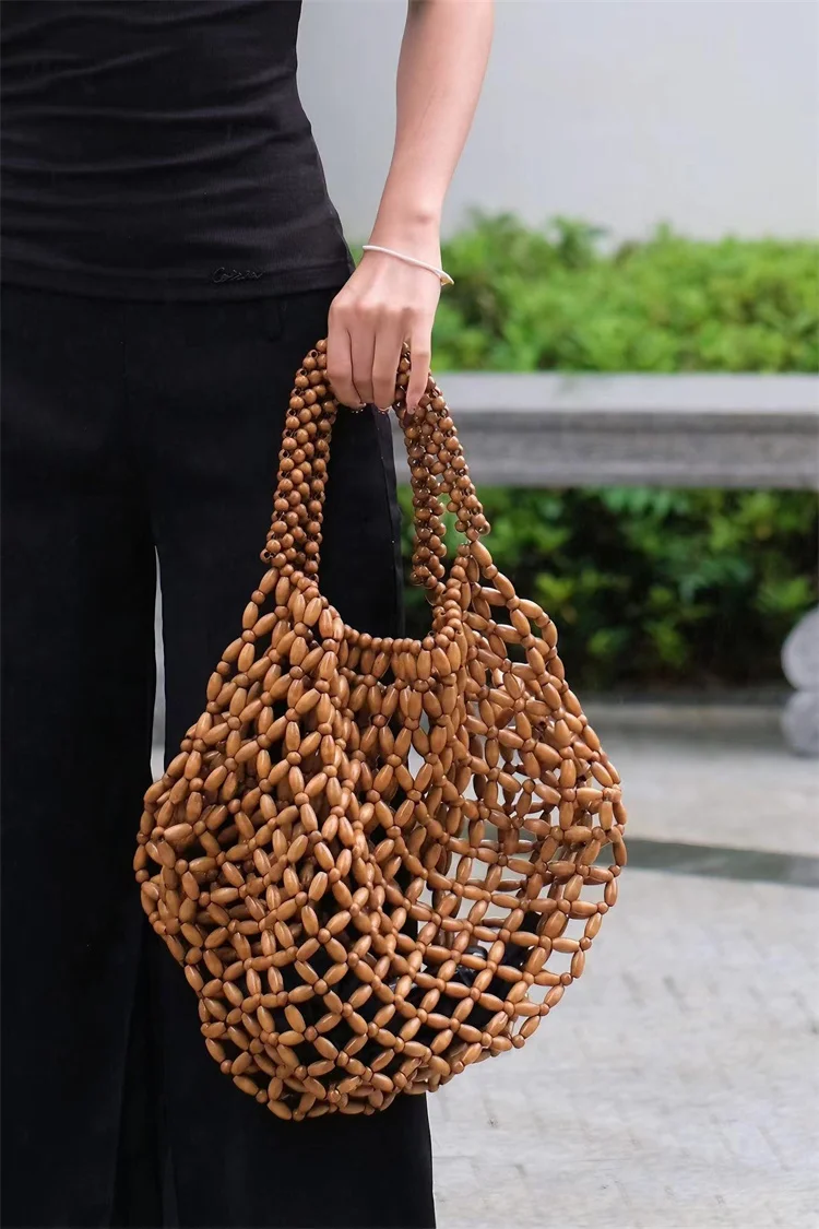 Very Big Women vintage wooden beads  woven portable fashion bag dinner single Bamboo shoulder hand bag