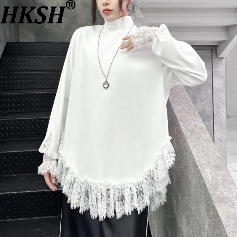 

HKSH Autumn Winter New Women T-shirt Turtleneck Long Sleeves Patchwork Lace Fashion Versatile Elegant Sweet High-end Top HK17329