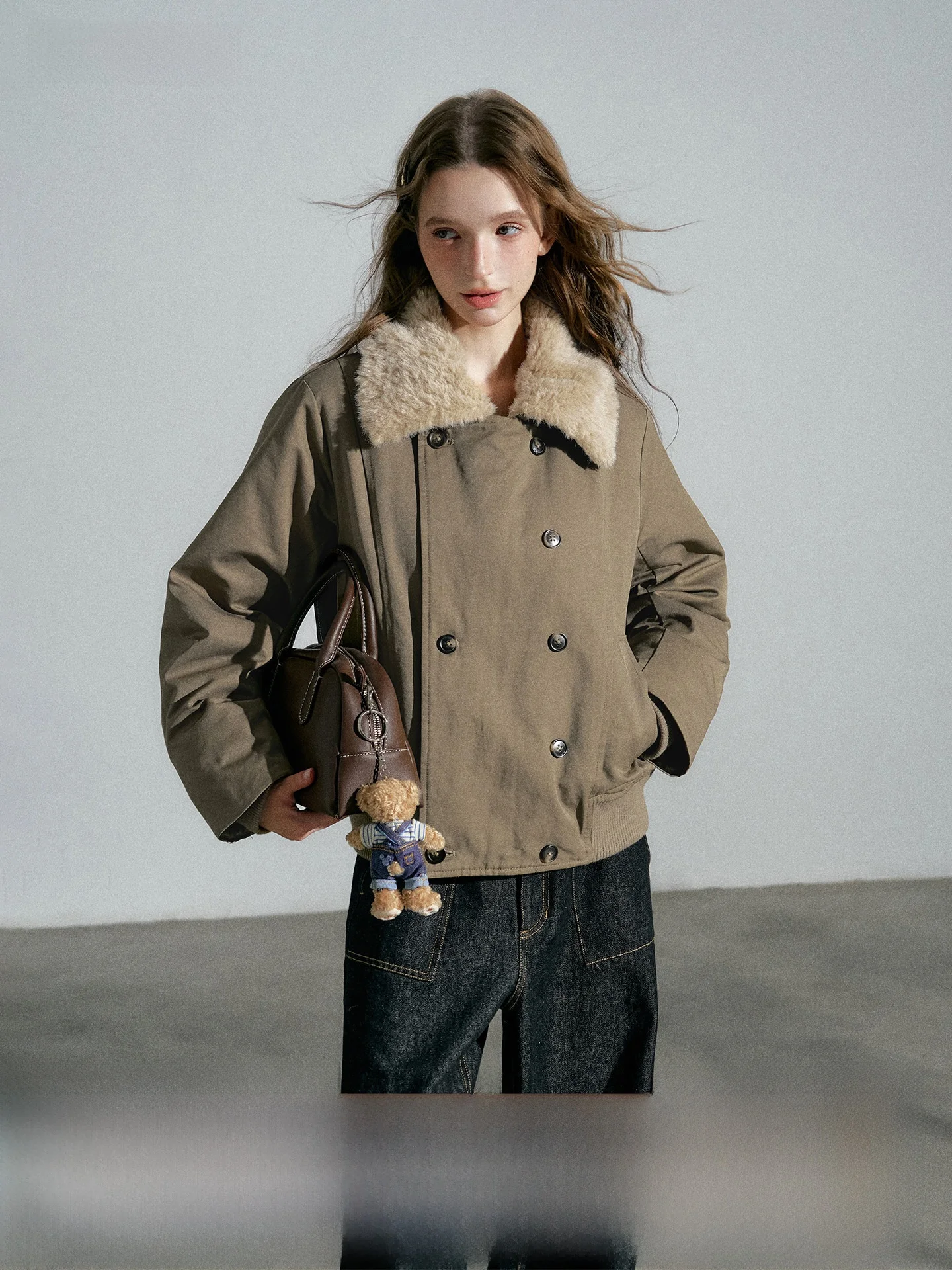 

Faionable Double-Breasted Jaet Women's Long Sve Cotton Coat with Large Collar Autumn Winter New Arrival Brown een