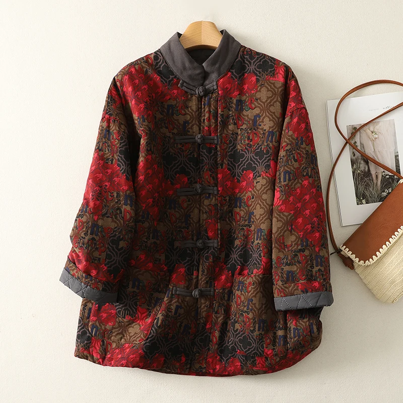 Jaet aus verdickter Baumwolle mit Knopf, ethnischer Ärmel, warme Winter-Oberbekleidung, lockere Materni-Kleidung, Einzelknopfverschluss, lang, Sve