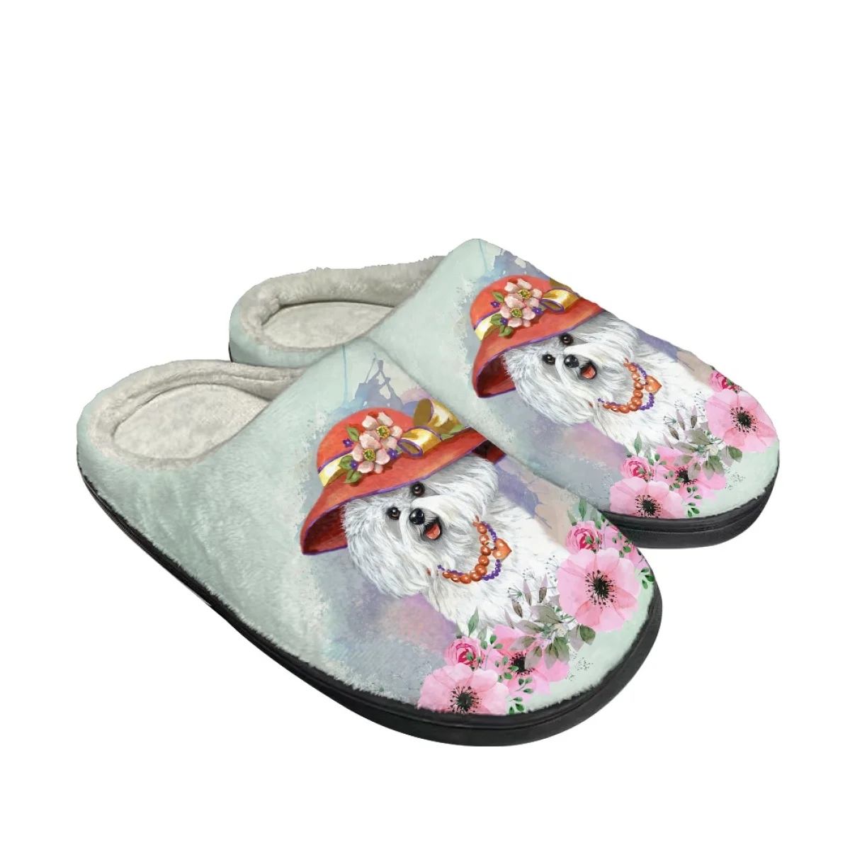 Maltese Dog Design Winter Women's Flats Slippers Indoor Non Slip Home Slides Dropshipping Versatile Cozy Warm Cotton Slippers